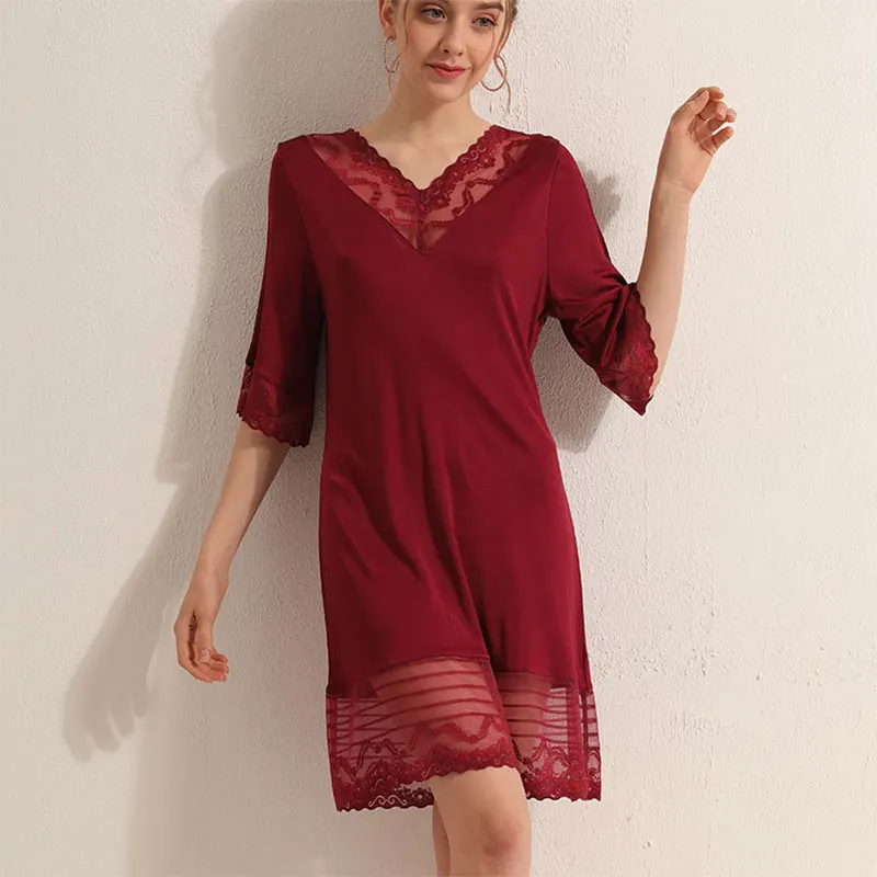 Women\'s 50% Silk 50% Viscose Lace V Neck Sleep Dress Sleepwear Nightdress Nightgown TG110