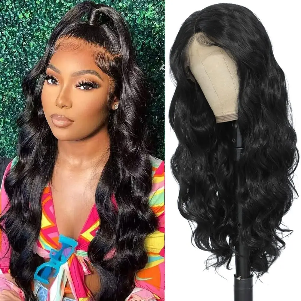 

Synthetic Lace Front Wig 1b Natural Color Long Body Wave Synthetic Wigs for Women HD Lace Wig with Baby Hair Daily Wear Wig