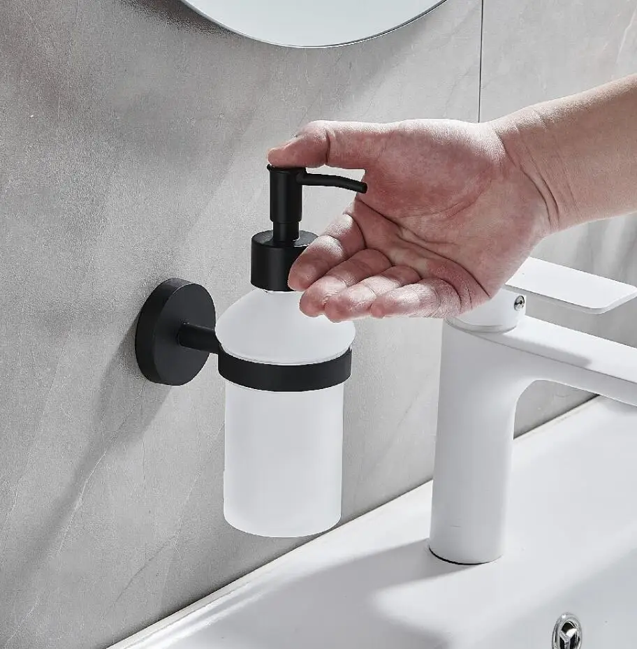 Manual pressing soap bottle hotel wall-mounted hand sanitizer with black soap container and glass soap dispenser
