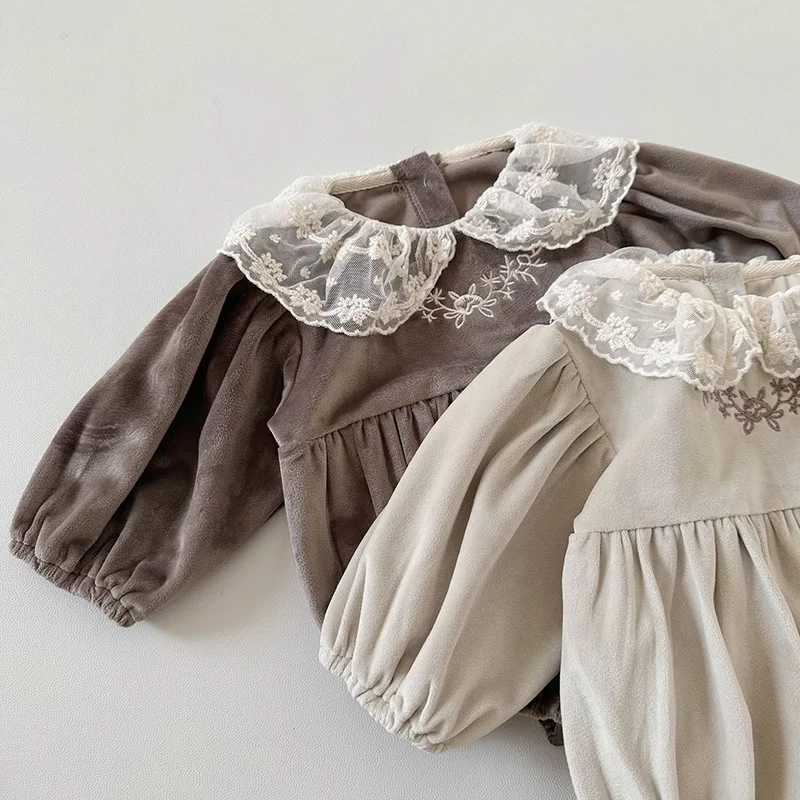 2024 New Spring Infant Baby Girl Bodysuits Long Sleeved Golden Velvet  Lace Splicing Newborn Baby Girl Jumpsuit Children Clothes