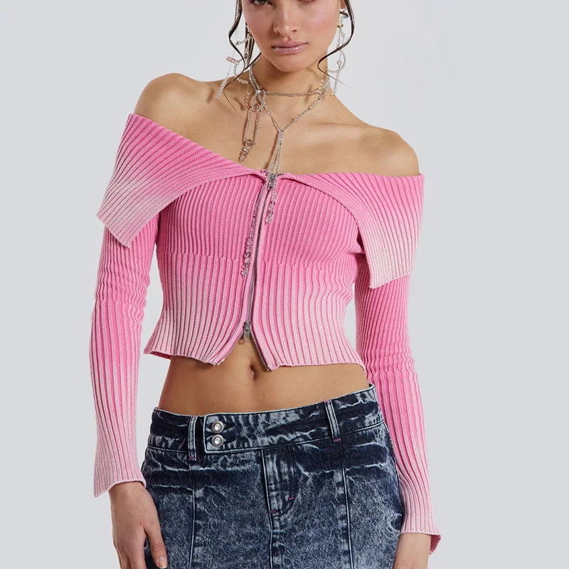 2025 New Fashion Women's Lapel Crop Tops Y2K Spring Autumn Off Shoulder Long Sleeve Gradient Slim T-Shirts Ribbed Tees Sexy Club