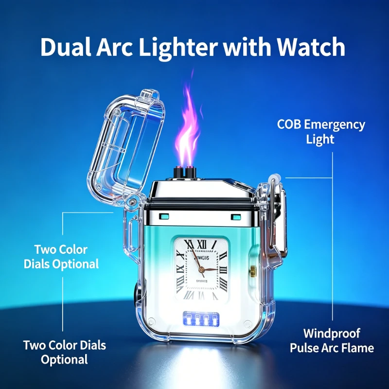 

New Waterproof Dual Arc Lighter Transparent Case with Quartz Watch USB Rechargeable Stylish Cigarette Accessory Premium Gift
