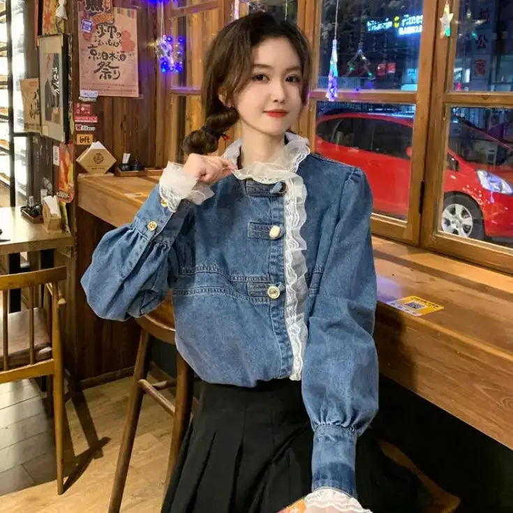 Korea Autumn Denim Shirt Women's Fashion Lace Patchwork Jean Tops Jacket Female Vintage Blue Elegant Blouses Ladies Trend Coats