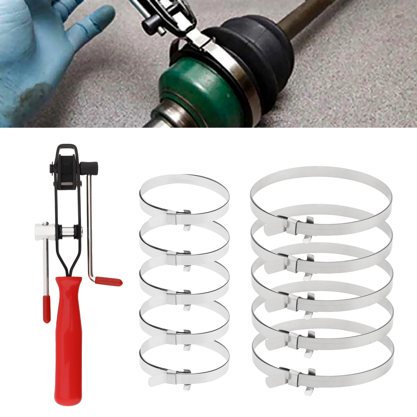 

11pcs Adjustable Heavy Duty CV Boot Clamp Plier Car Banding Hand Tool Kit with 10 Crimp Bands Stainless Steel Crimping Plier