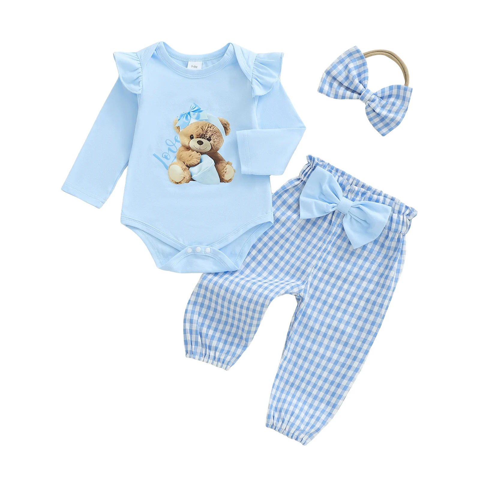 

Baby Girl Fall Outfits Bear Print Long Sleeve Round Neck Romper Plaid Pants Bow Headband 3 Pieces Set