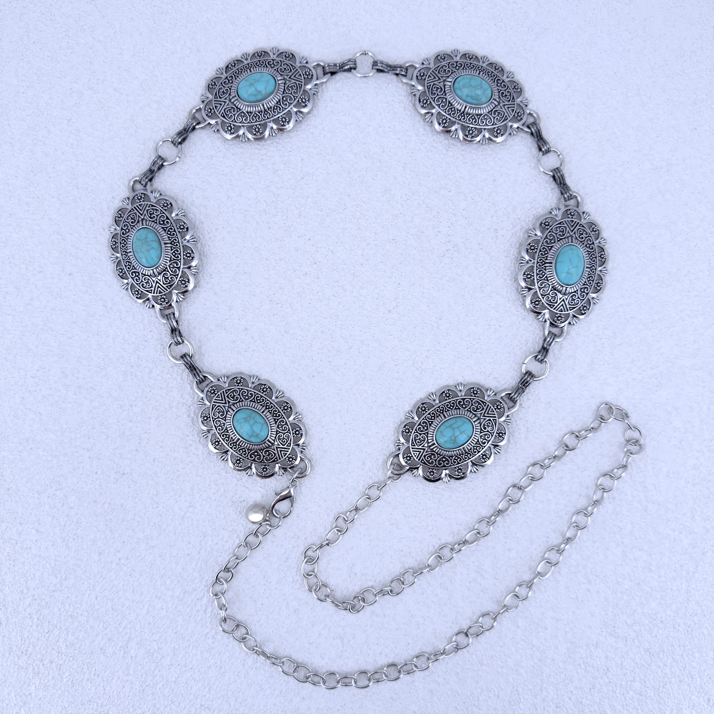 النمط الغربي البوهيمي العرقي القديم لون القصدير البيضاوي مطعمة نمط الفيروز مع السراويل الغربية تنورة سلسلة الخصر للسيدات