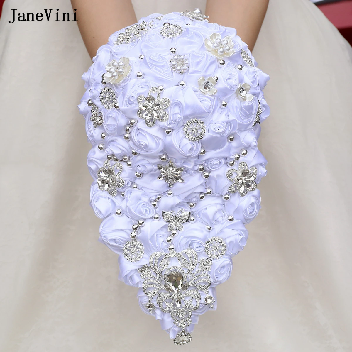 

JaneVini Luxury Silver Rhinestone White Waterfall Bridal Bouquets Artificial Satin Roses Pearls Cascading Wedding Bouquet Flower