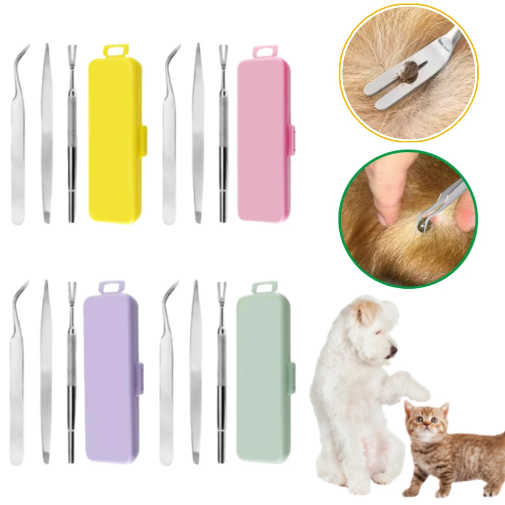 1Set Portable Tick Flea Remover Tool With Fork & Tweezers, Stainless Steel Professional Tick Extractor For Humans & Dogs Cats