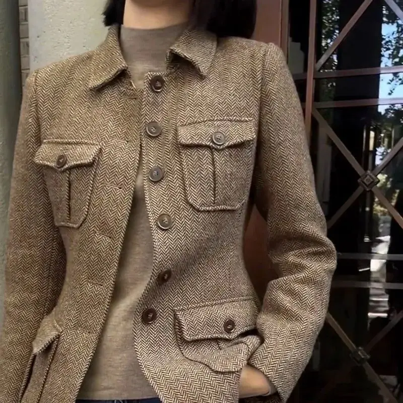 

Retro Woolen ort Coat for Women Warm Outerwear Slim Fit Faionable Autumn 2025 Collar Button up Pure Color Jaet