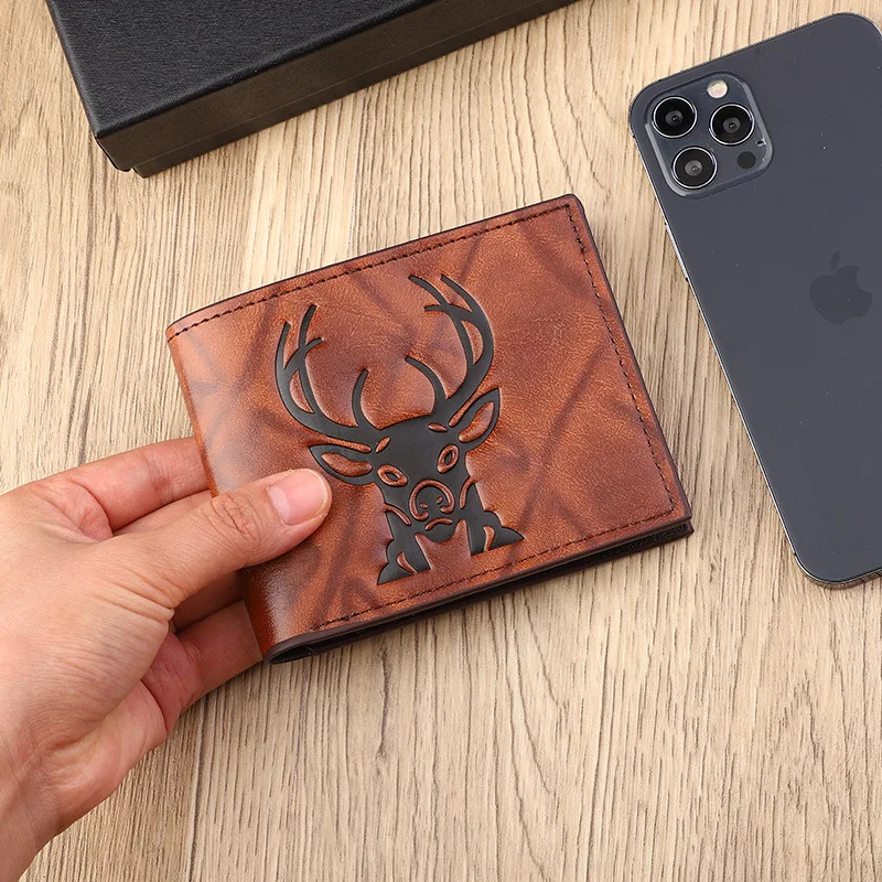 محفظة رجالية بنمط رأس الغزلان بتصميم كلاسيكي منقوش ثلاثي الأبعاد يصنع محفظة جلدية بفتحات متعددة بثلاثة أضعاف #3