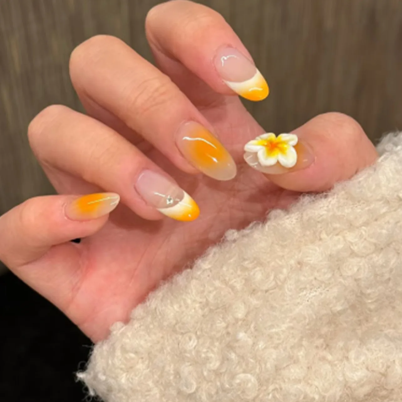 

24Pcs Medium Almond Press on Nails - 3D Orange Flowers with Gradient Ombre Border and Rhinestone Accents