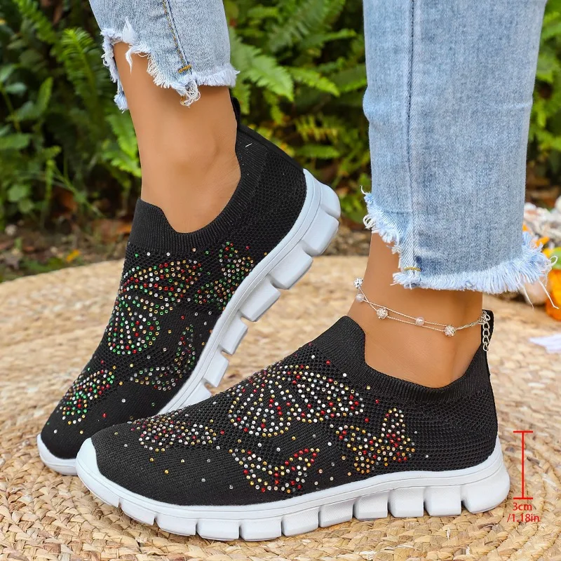 Women's Rhinestone Knit Slip-On Sneakers Lightweight Breathable Casual Comfort Walking Shoes for Everyday and Travel