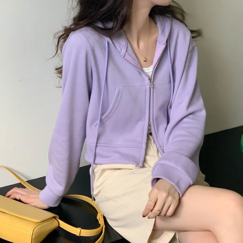 

Women Fashion Drop Sleeved Double Zipper Casual Streetwear 2025 Spring Hoodies Y2k Harajuku Slim Solid Color Hooded Sweatshirt