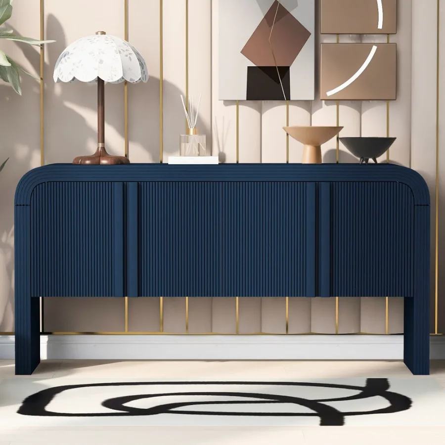 

U_STYLE Striped Storage Cabinet with 4 Doors Adjustable Suitable for Study Entrance and Living Room