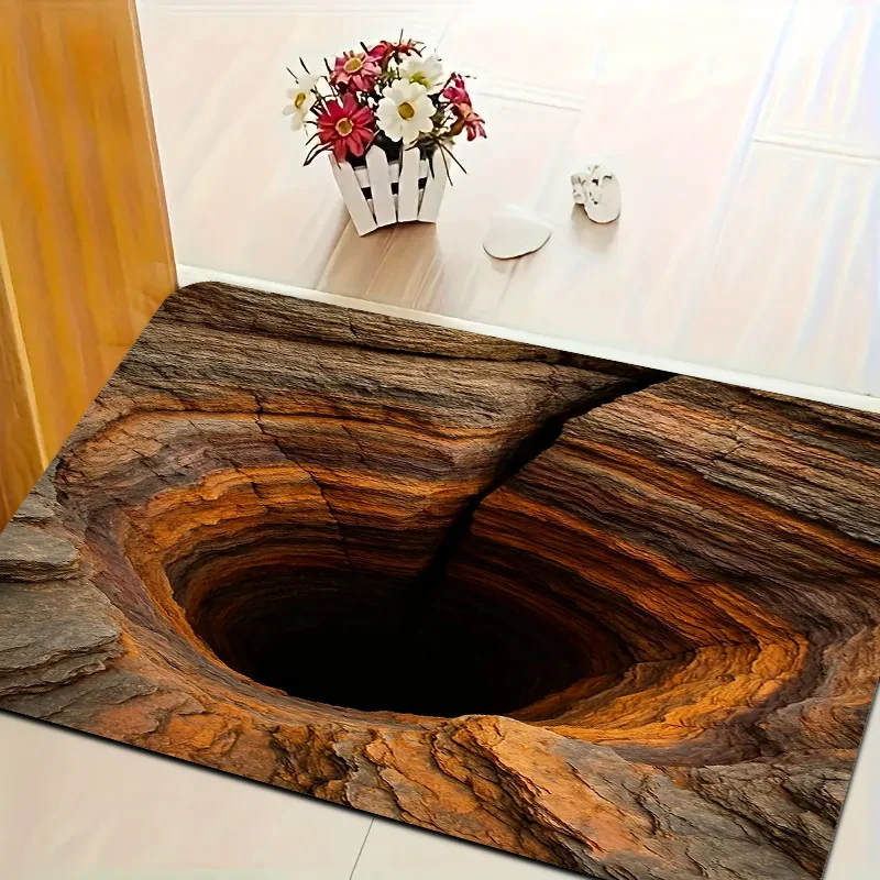2D Flat Rock Crevice Deep Hole 3D Illusion Flannel Door Mat Non Slip Optical Trick Rug For Entryway Bathroom Floor Decor