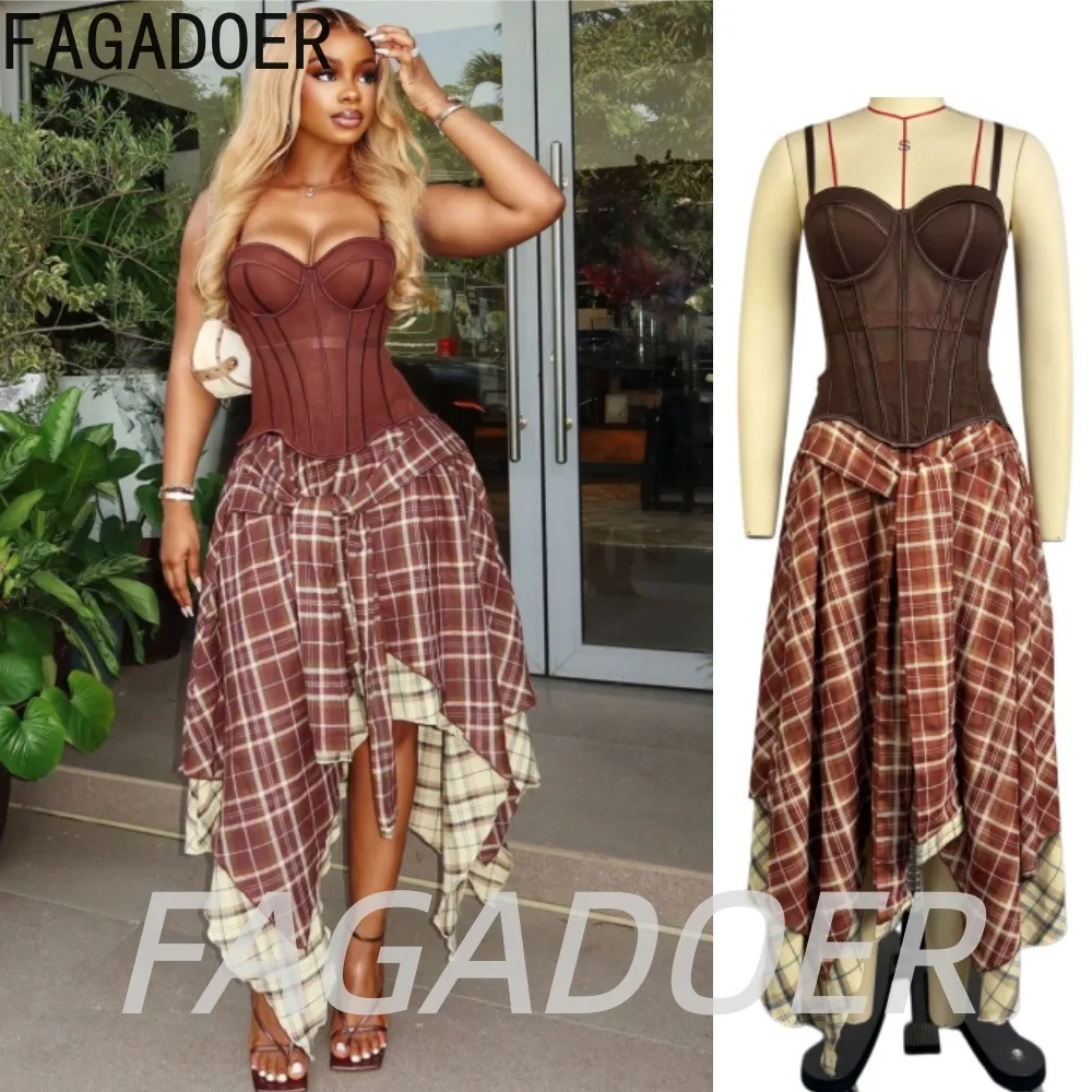 

FAGADOER Vintage Irregular Plaid Skirt Sets 2pcs Outfits Spaghetti Strap Corset Tube Top and Bandage Patchwork Long Skirts Suits