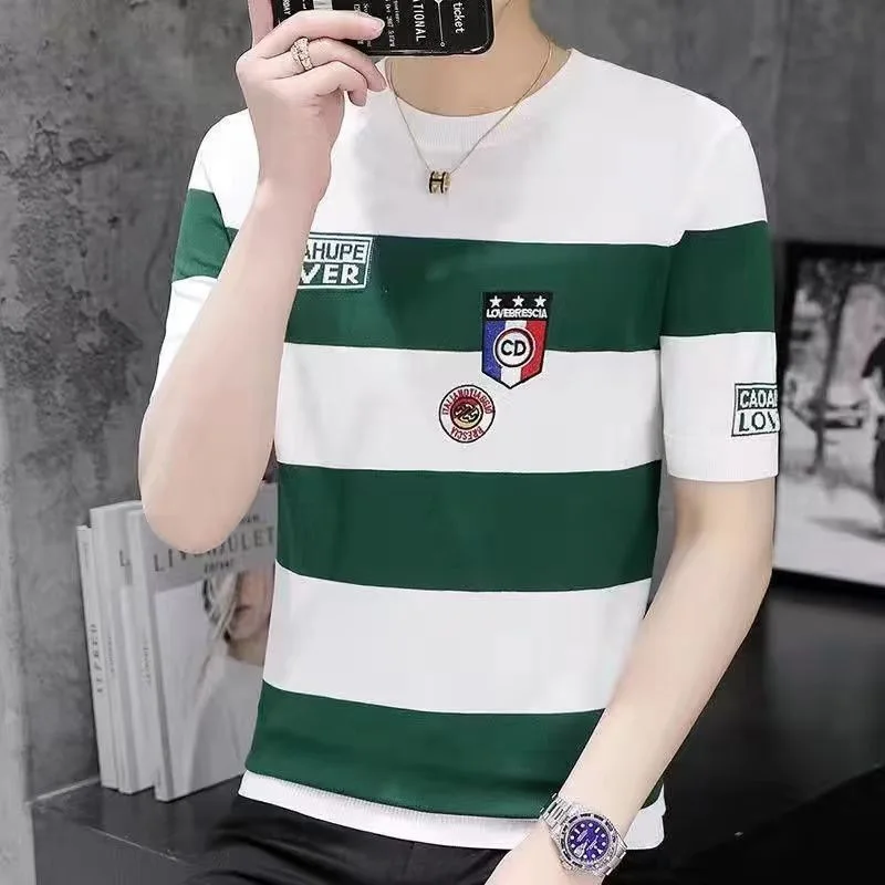 

Men's ort Sve T-irt Ice Silk Stripe Faionable round Ne Top Summer 2025 New Arrival Loose Fit Casual Youth Sle