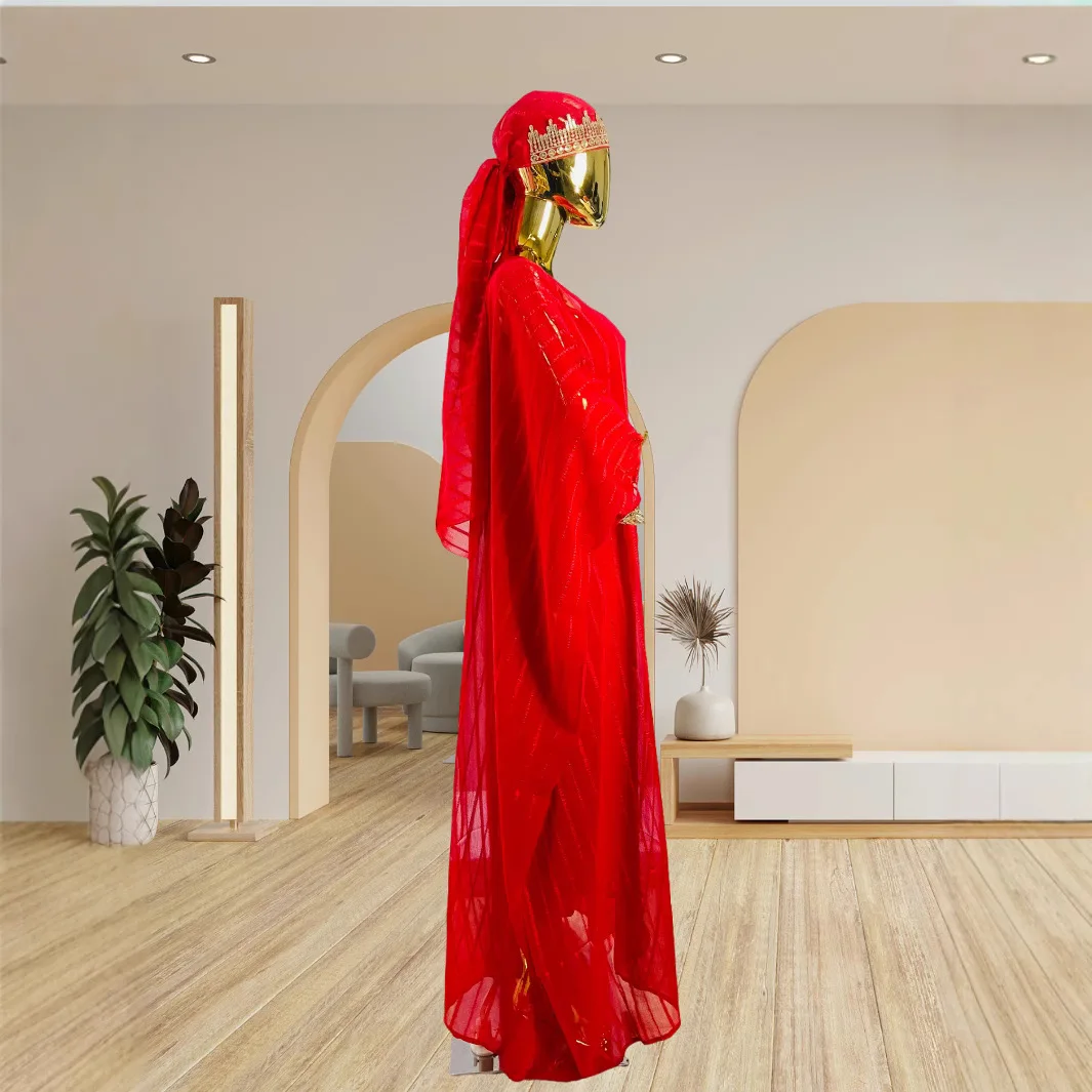 Abito da donna tradizionale africano retrò con nastro intrecciato Moda maniche svasate Abaya allentato Abito da cerimonia nuziale di lusso leggero musulmano