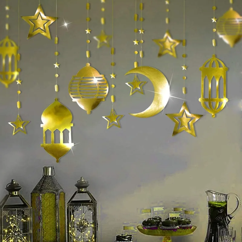 16 stücke islamische Goldstern Halbmond Laterne Ramadan Girlande Eid Dekor hängen Hintergrund Banner Aladdin Geburtstags feier liefert