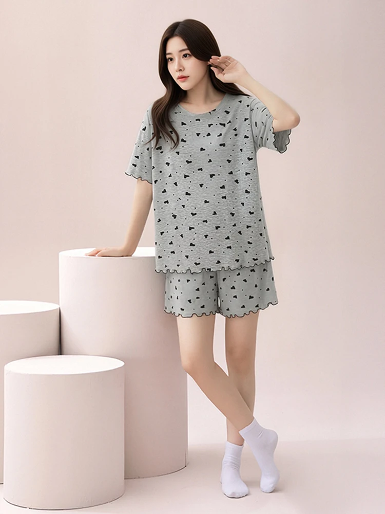 

New Modal Print Short Sleeve Home Clothes Loose T-Shirt Shorts Cool Feeling Air Conditioning Pyjamas Set July Deer Brand