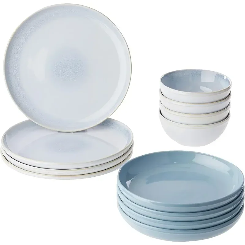 

Corelle Stoneware 12-Pc Dinnerware Set Handcrafted Artisanal Double Bead Plates and Bowls Solid and Reactive Glazes