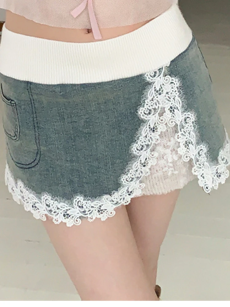 النمط الفرنسي المتخصصة القوس العميق الخامس تنوعا التعادل صبغ تي شيرت للنساء + الدنيم المرقعة الدانتيل التخسيس الدنيم تنورة Y2K تنورة صغيرة