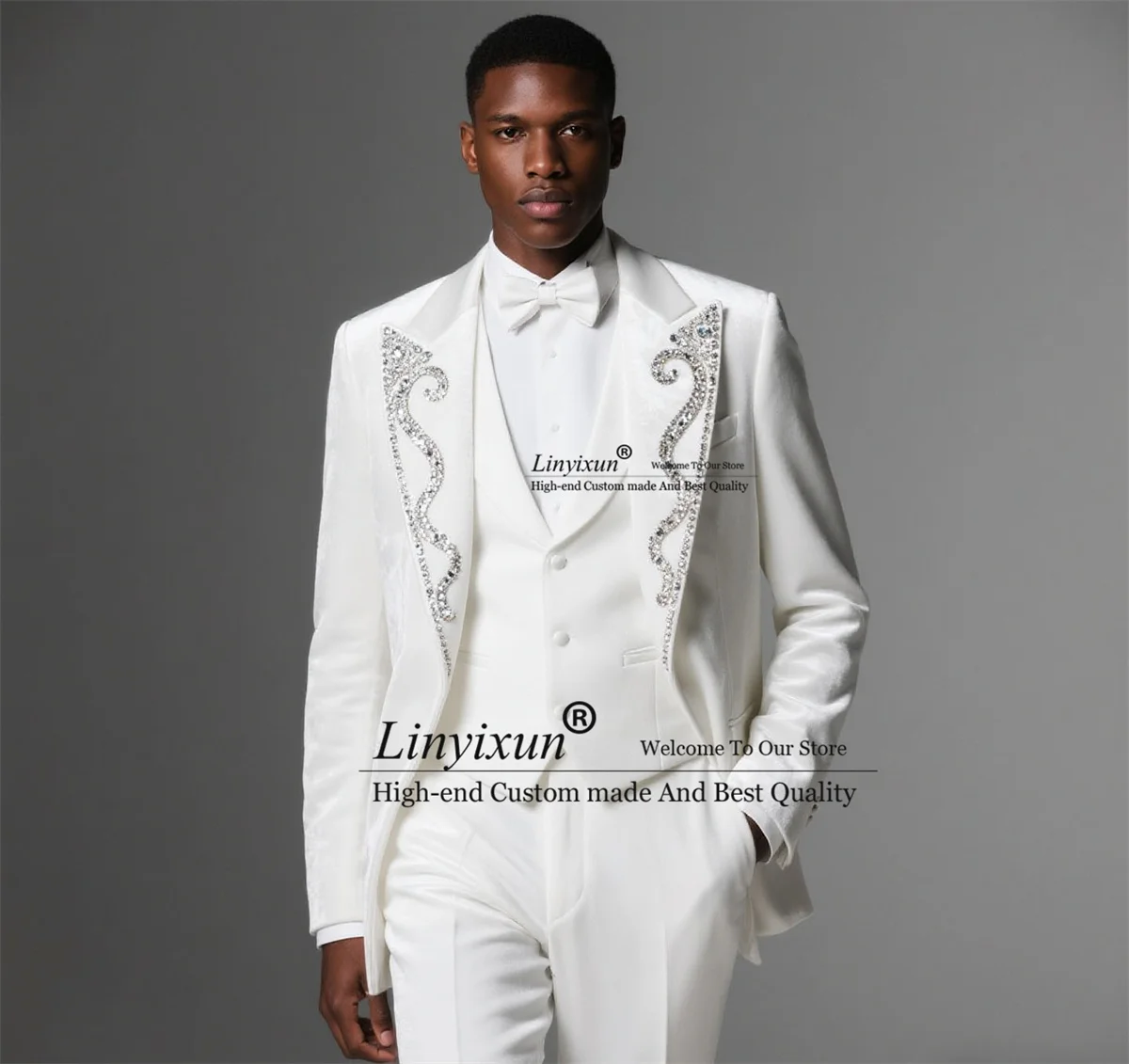 

Glitter Diamond Crystals Tuxedos Men Suit 3 Pieces Sets Peaked Lapel Groom Male Prom Blazers Slim Customized Wedding ropa hombre