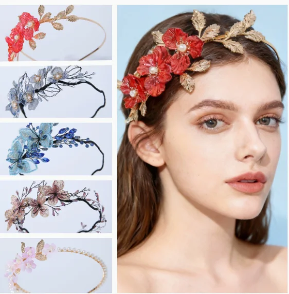 

Romantic Colorful Flower Beaded Hairband Dainty Golden Leaf Headpiece Luxury Wedding Formal Occasion Evening Gown Hair Accessory