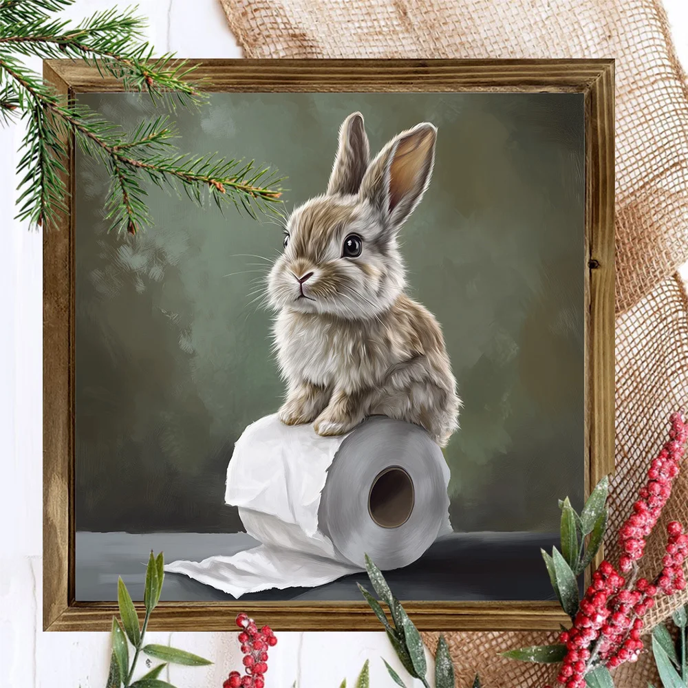 1 country-style wooden rabbit toilet paper roll art logo, 8X8 inch cute rabbit wall decoration, suitable for bathrooms, cafes