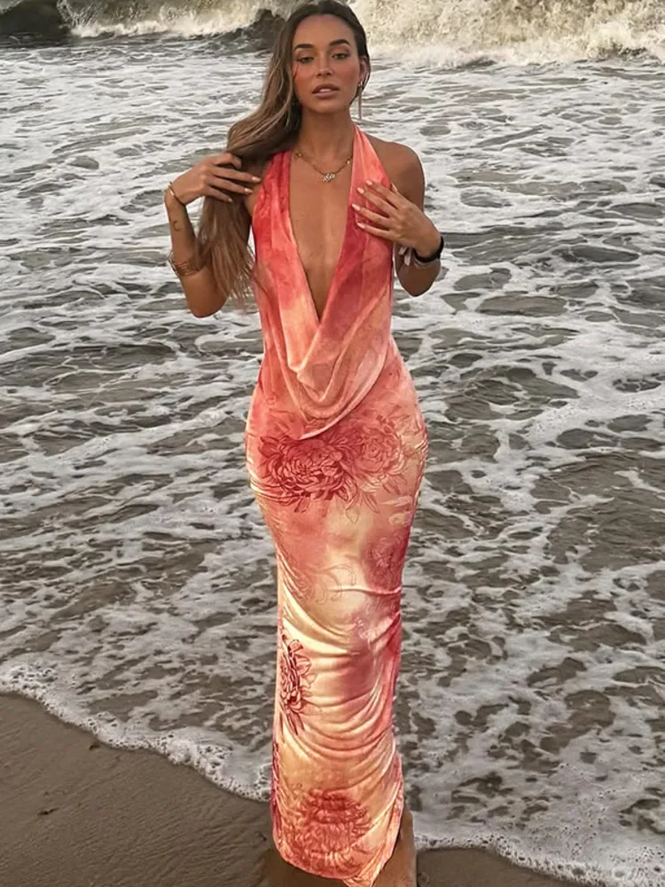 XIAOTANG ホルターバックレスセクシーなマキシドレス女性の夏のディープ V ネックノースリーブハイウエストビーチクラブパーティープリントロングドレス