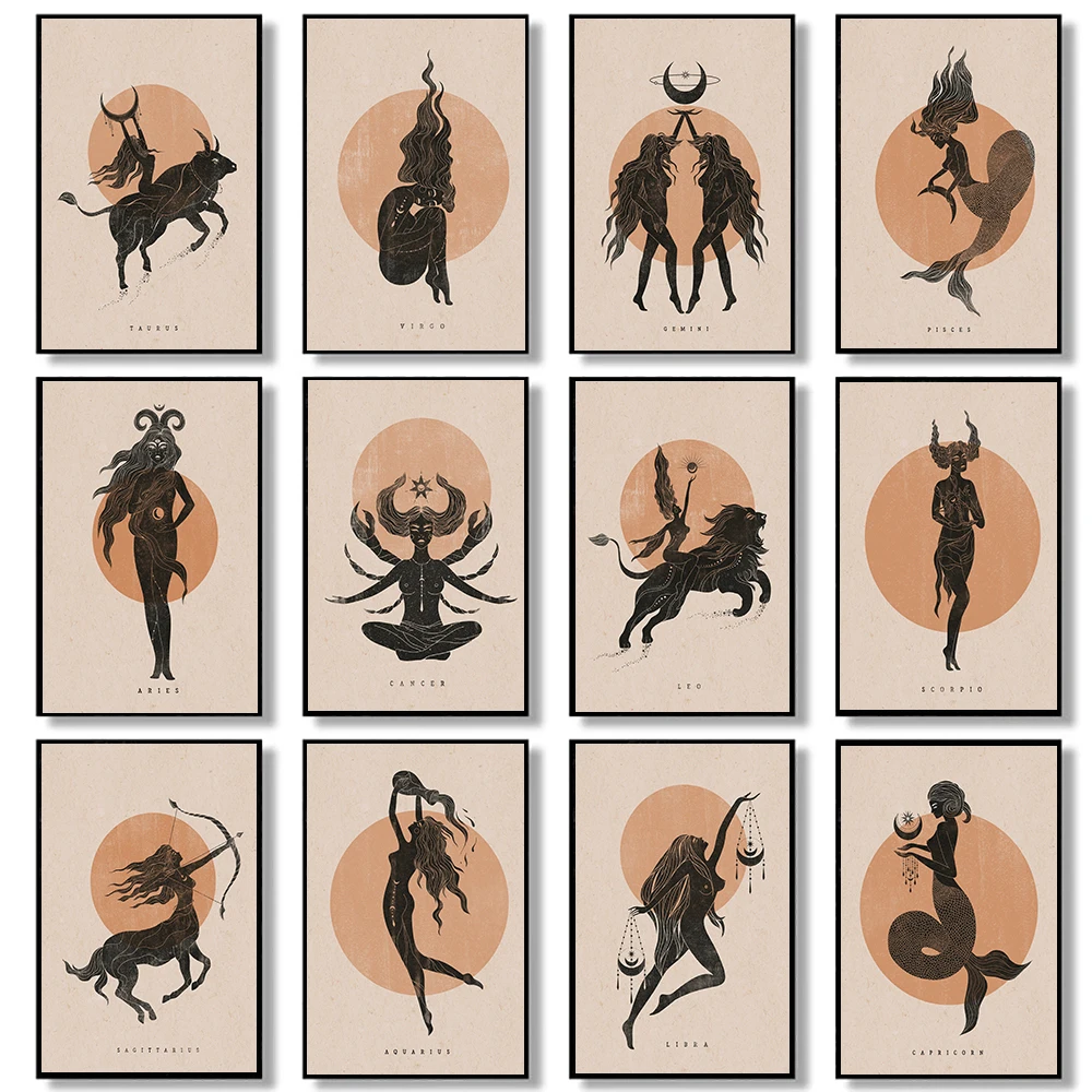 Bohemian Zodiac Art Prints Canvas Tarot Cards Inspired Astrology Virgo Cancer Libra Poster Pictures Bed Room Nordic Wall Decor