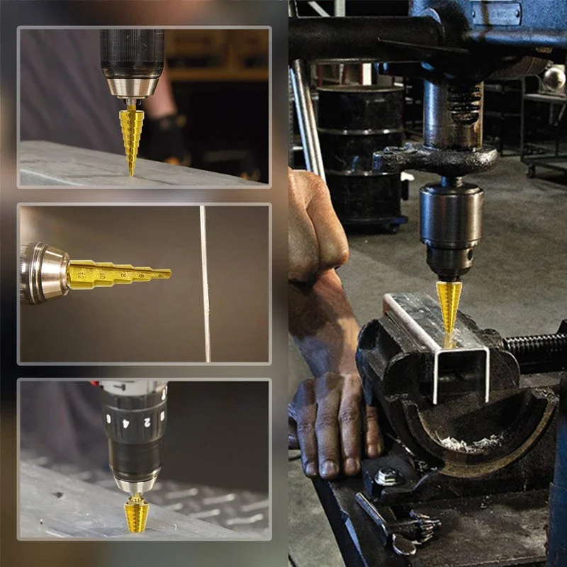 3pcs HSS Spiral Flute Grooved Titanium Coated Step Drill Bit Hex Shank Wood Metal Hole Cutter Universal Power Tools-Gold