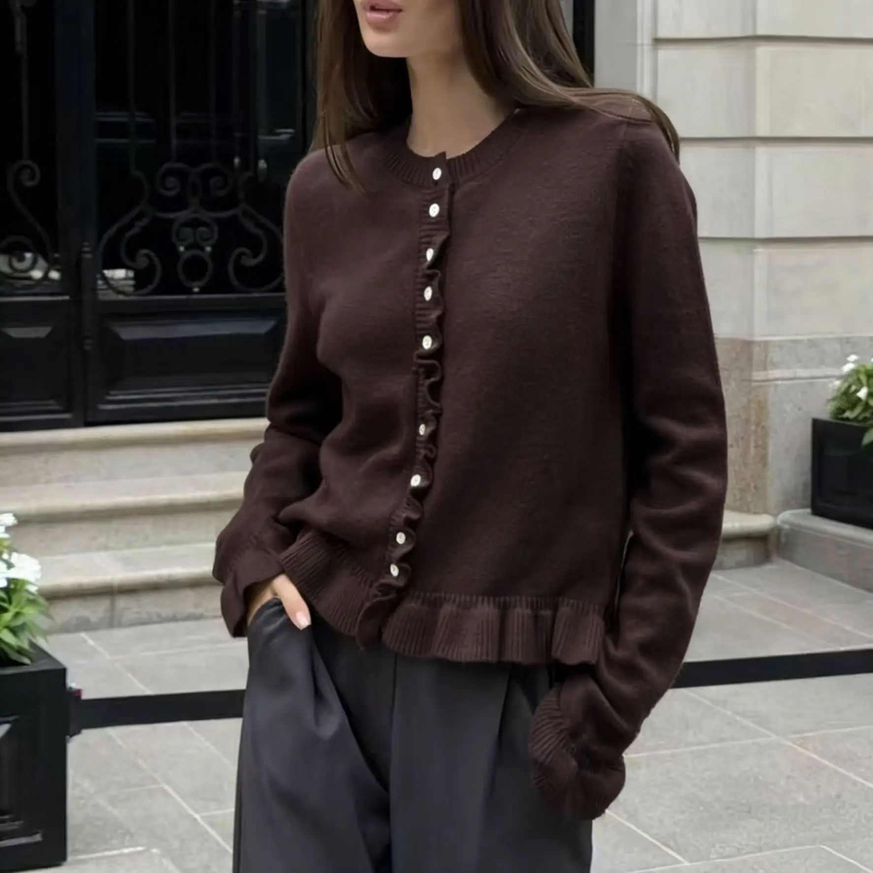 

Осенне-зимний вязаный кардиган с длинными рукавами и рюшами, однобортный, повседневный, однотонный свитер, новые модели для трансграничной торговли