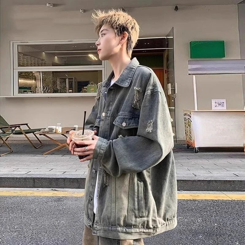 Ripped Retro Denim Jackets Man Lowest Price Cheap Stylish Korean Popular Clothes Washed Original Designer Cowboy Coat for Men