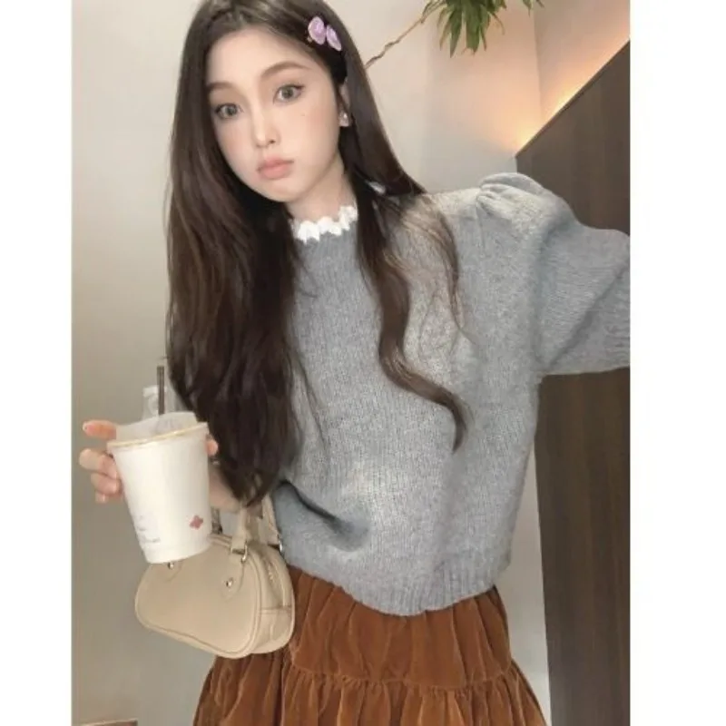 2024 Summer New Korean Style Lace Mock Neck Knitted Chic Women\'s Niche Puff Short Sleeve Versatile Ins Pullover Top
