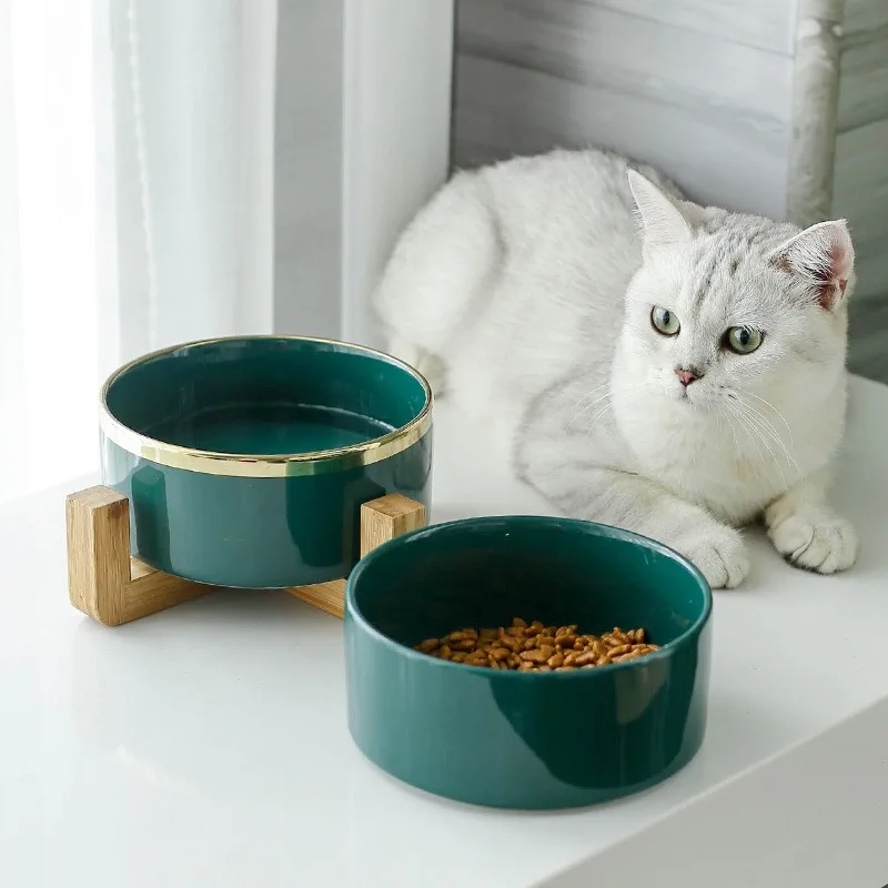 Dog Bowl Cat Food Water Bowls with Wood Stand No Spill Large Feeder Dish for Dogs Cats Feeding Puppy Pet Supplies Accessories