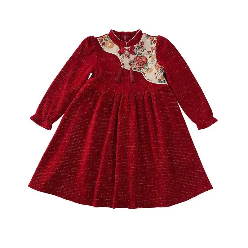 Winter children girls new Chinese dress lotus lace collar fold waist oblique bow buttons red warm elegant festive dress