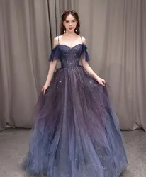 2024 New A Line Off Shoulder Strap Tulle Prom Dresses Women's Gradient Color Elegant Formal Occasion Party Dress Evening Gown