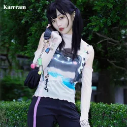 Karrram Fairycore Y2k Mesh Tops Harajuku Aesthetics Graphic T Shirts E-girl Kawaii Cute Tshirt Slim See Through Streetwear 00s