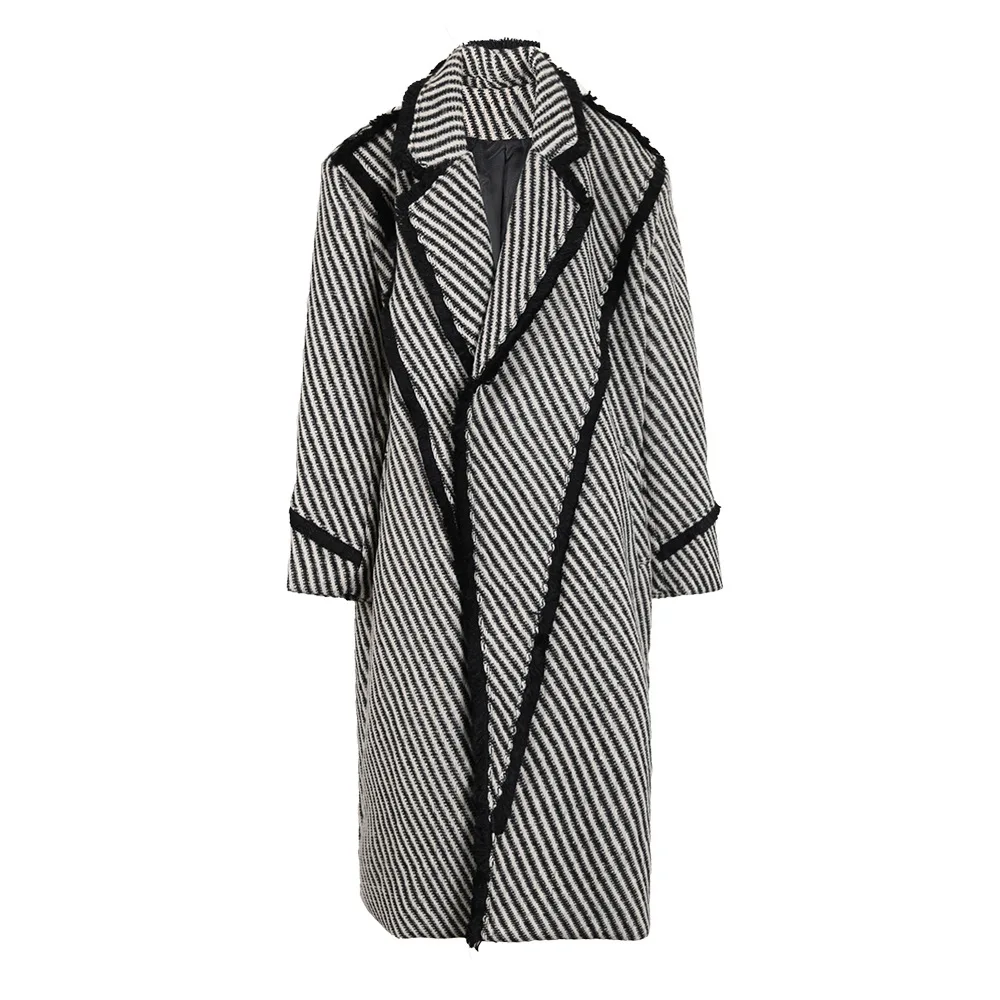 

2024 New Autumn Winter Women Coat Loose Long Spliced Tassels Overcoat Suit Single Button Fashion Tweed Jacket Striped Thick Warm