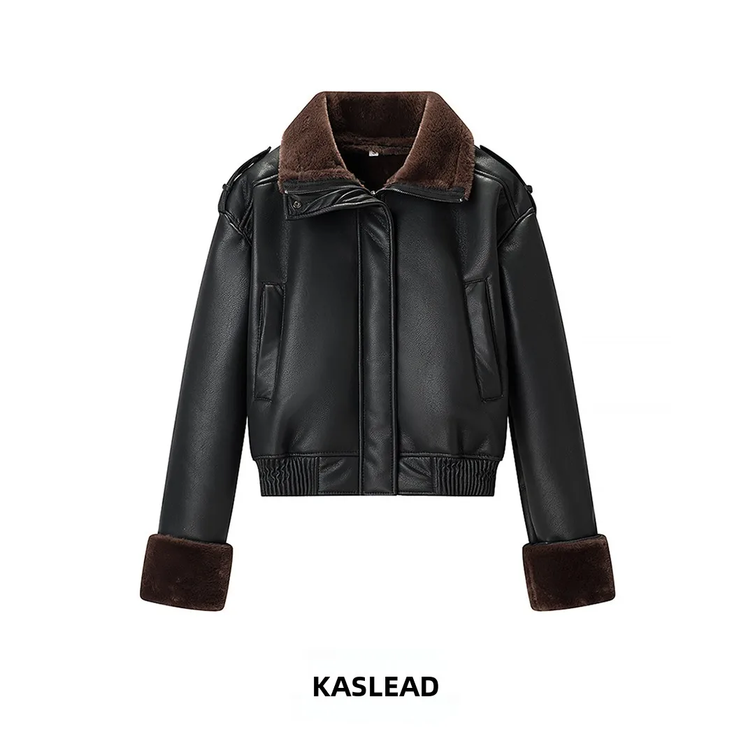 

KASLEAD New Fashionable Minimalist Mixed Media Leather Jacket Women's Street Style Short Outerwear Polyester Fiber 100%