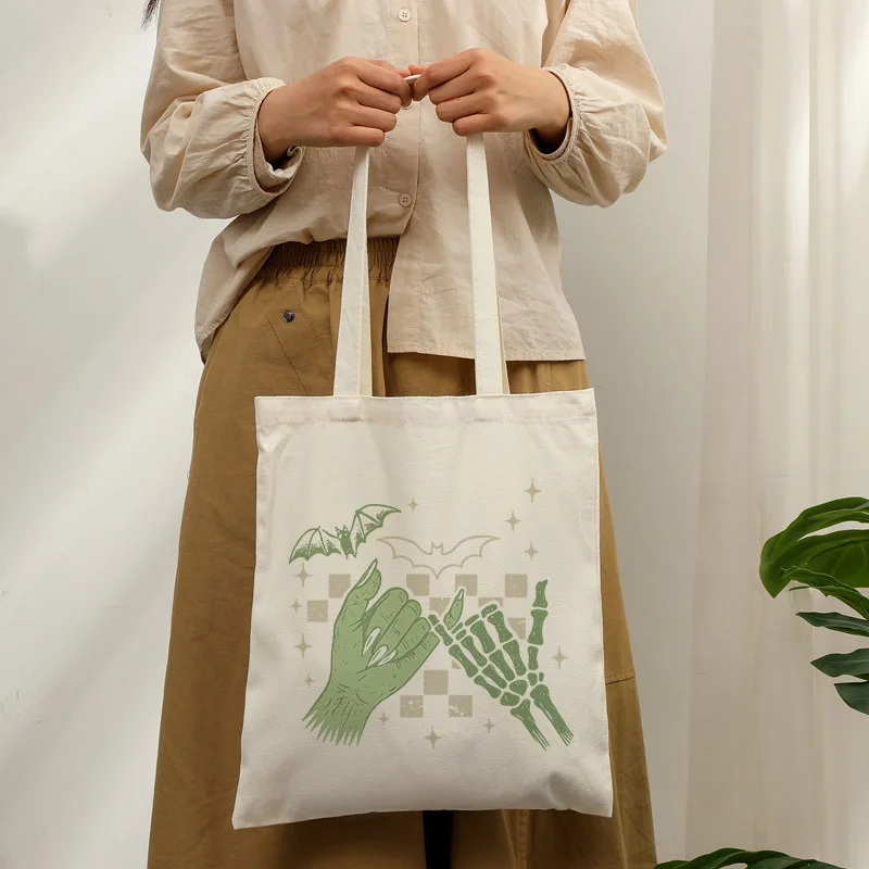 Halloween Skeleton Zombie Hand Bat Print Canvas Tote Bag Spooky Retro Pattern Reusable Shopping Handbag Casual Shoulder Gift Bag