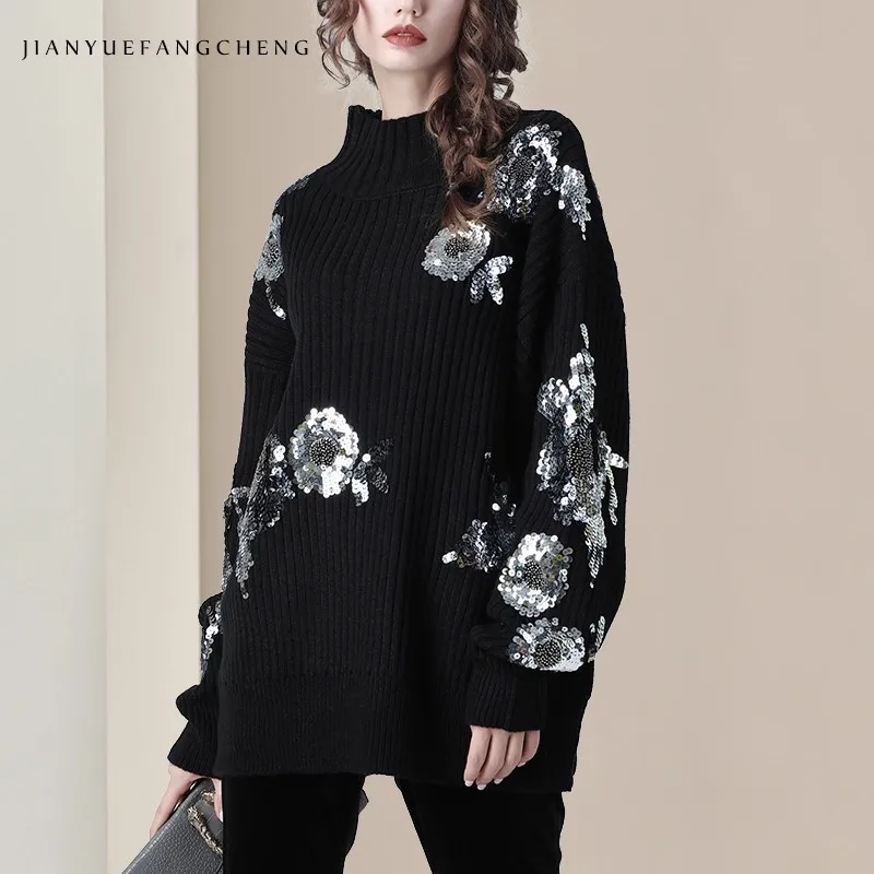 

Роскошные женские черные вязаные пуловеры с блестками, свитер, свободный свитер с рукавами «летучая мышь», осень-зима, морозостойкий топ