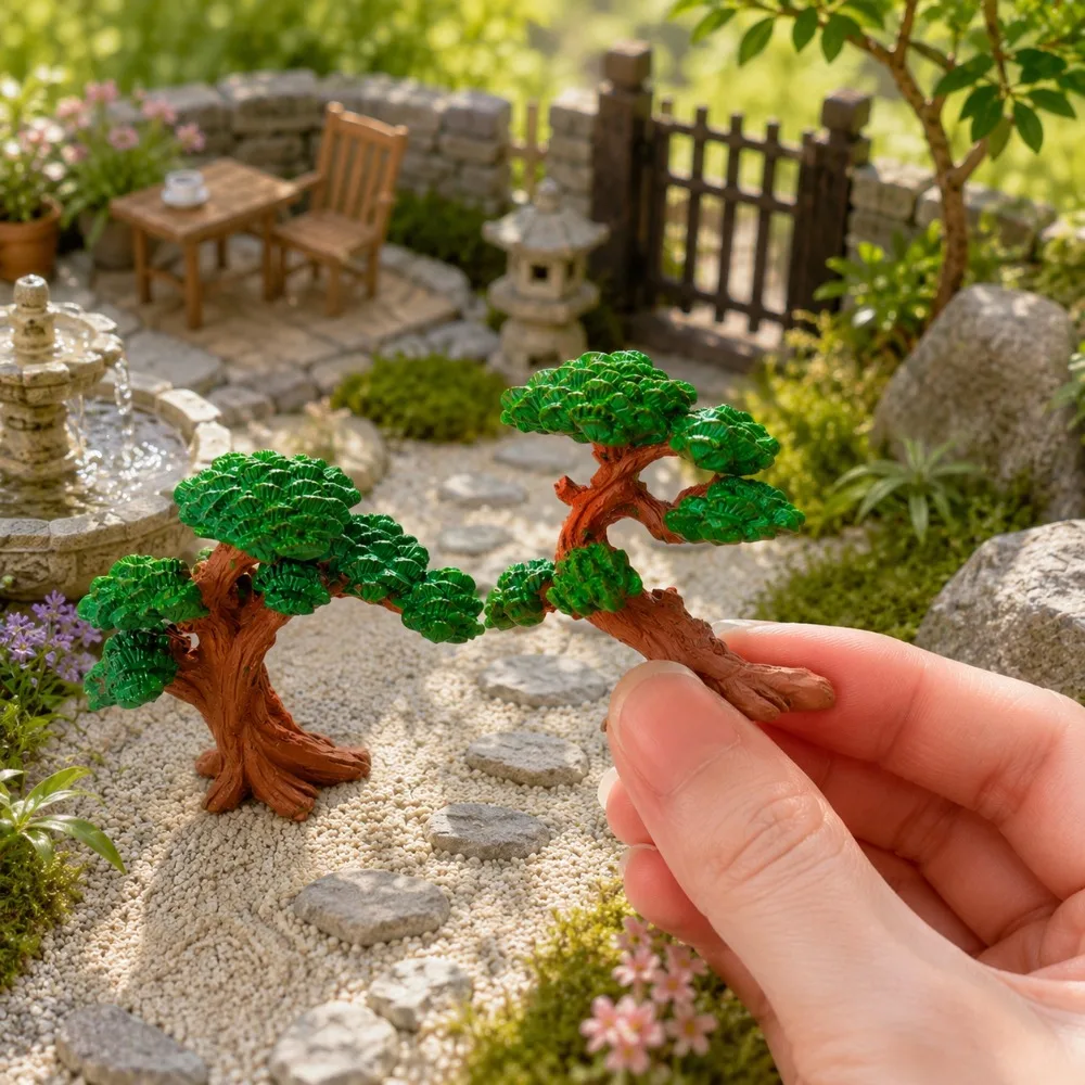 2pcs Miniature Pine Tree Figurines,Artificial Bonsai Model Trees for Model Garden Diorama Decor, Realistic Plastic Ornament