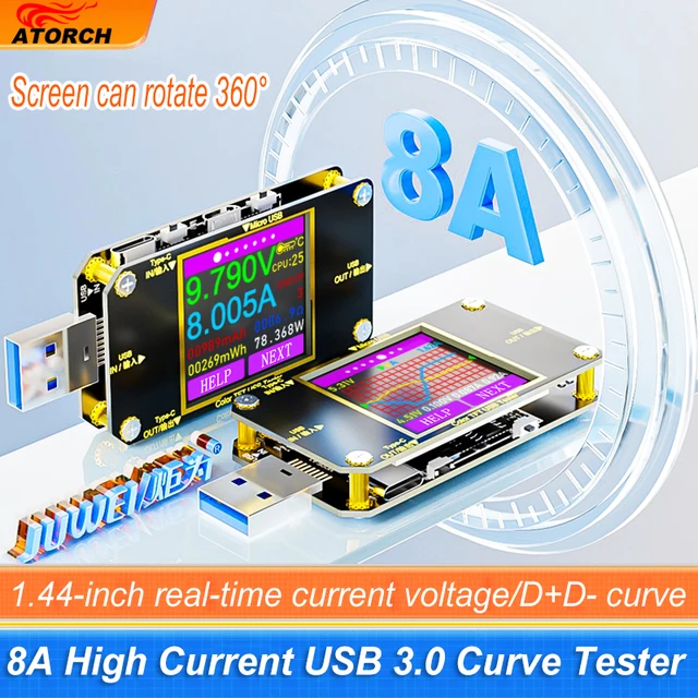 A3 8A Tester USB Type-C Monitor napięcia prądu Szybkie ładowanie PD Pojemność akumulatora Power Bank DC 32V Amperomierz