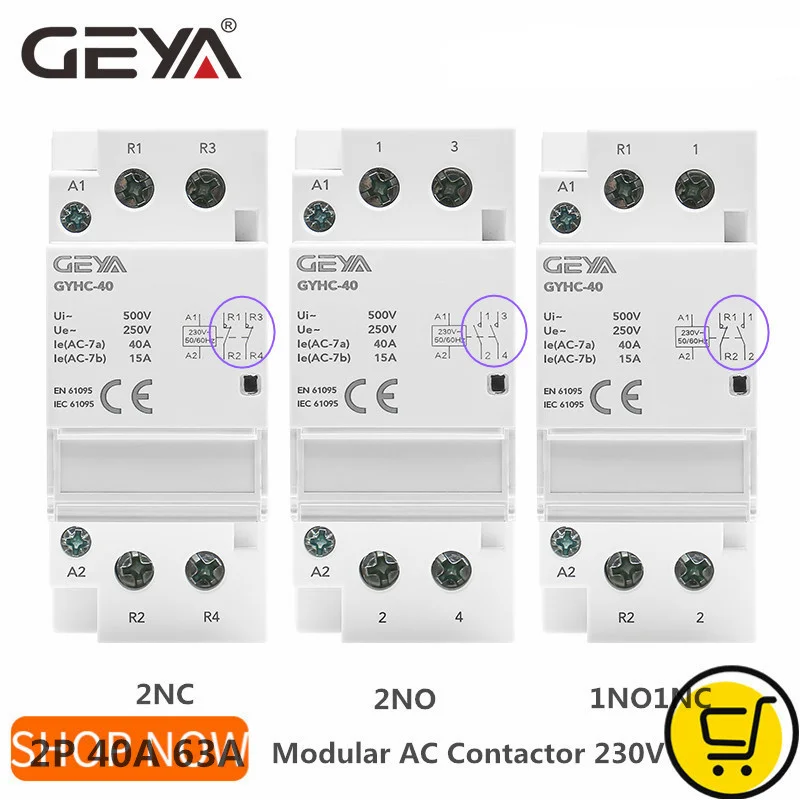 

GEYA Din Rail AC Contactor 2P 40A 63A 2NO 2NC 1NO1NC House Use or For Charging Pile Contactor Good Quality