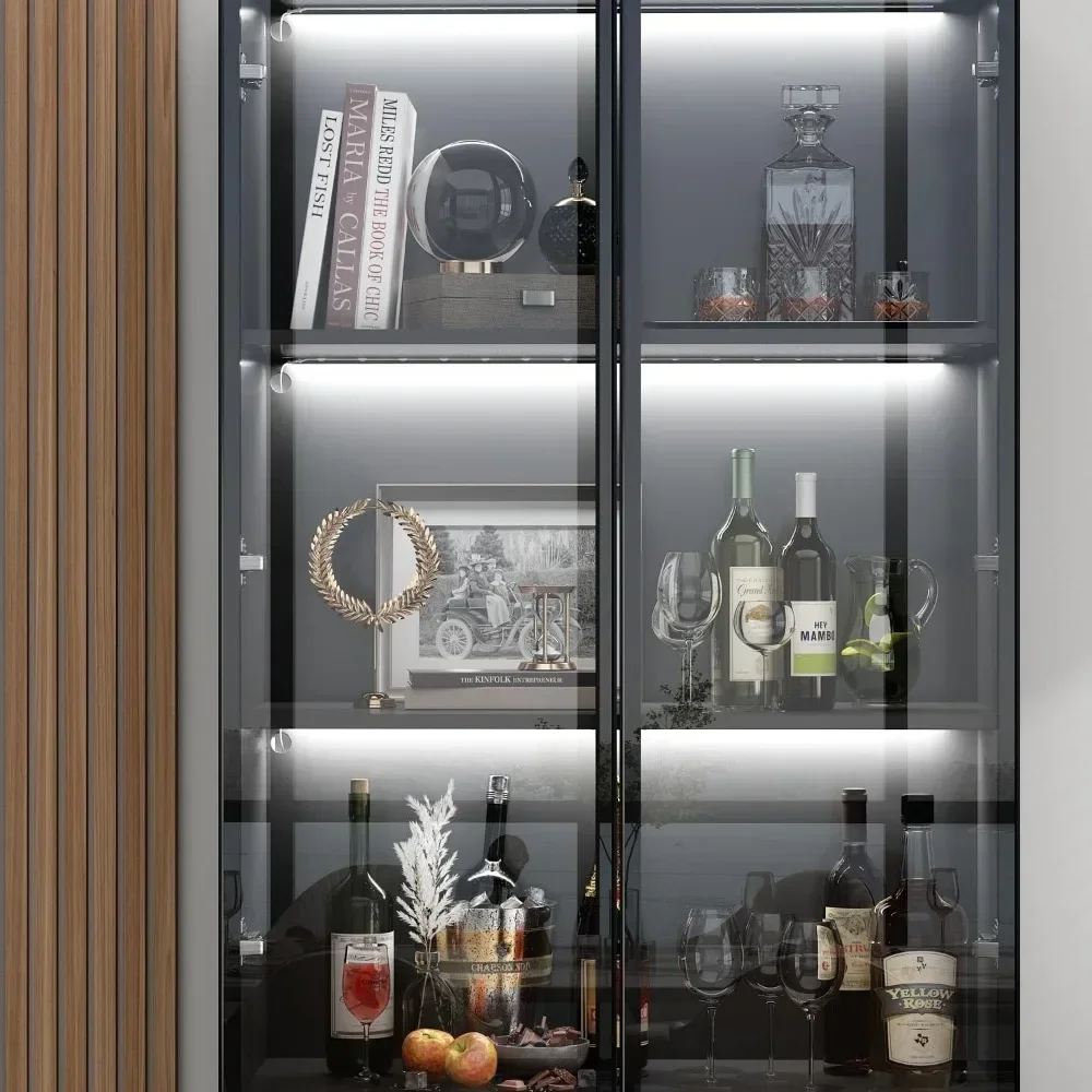 Glass Door Cabinet with Lights and 4 Storage Shelves, Tall Modern Display Storage Organizer with 2 Drawers and 2 Doors