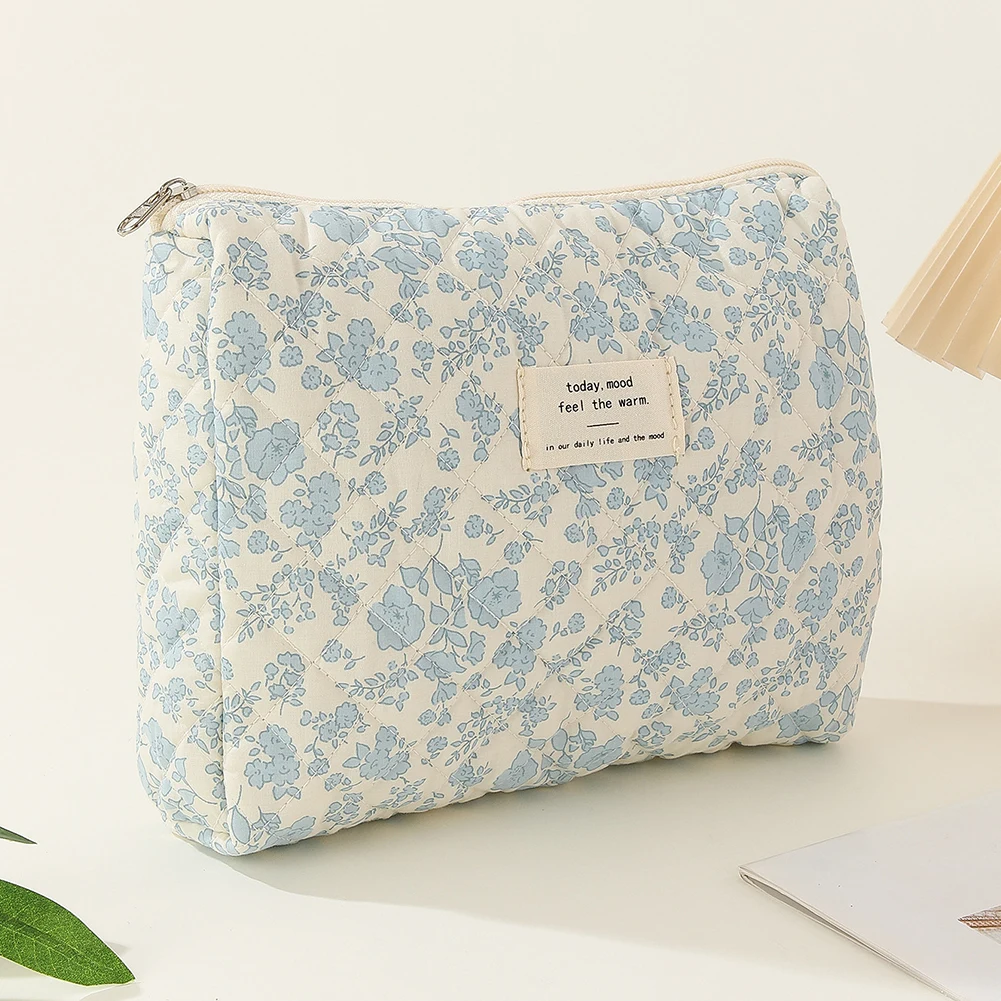 3Pcs Floral Cosmetic Bag Printed Women Quilted Cosmetic Pouch Large Capacity Zipper Closure Cotton Daily Bag Purse Set