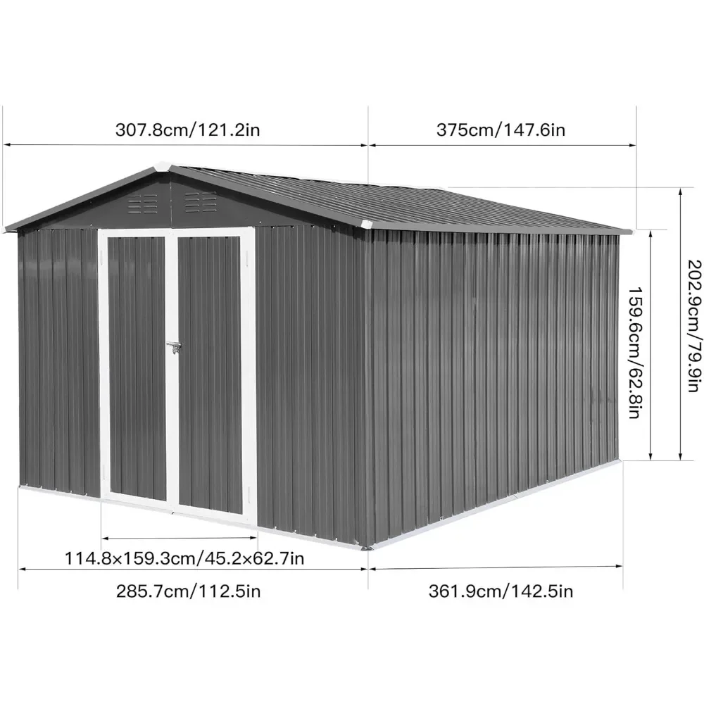 Caixas de jardim grandes de metal de 10 pés x 12 pés com porta com fechadura, sala de ferramentas de galpão de jardim à prova d'água para pátio de quintal, galpões de armazenamento ao ar livre