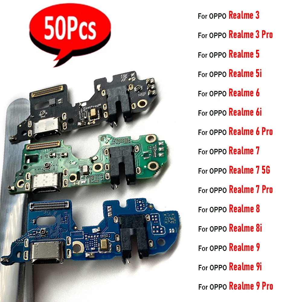 50Pcs，NEW USB Charging Port Mic Microphone Dock Connector Board Flex Cable Repair For OPPO Realme 3 5 5i 6 Pro 7 5G 8 8i 9 9i